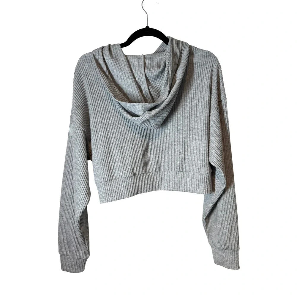 Alo Yoga Muse Ribbed Hoodie Sweatshirt Heather Grey Cropped Pullover Small‎